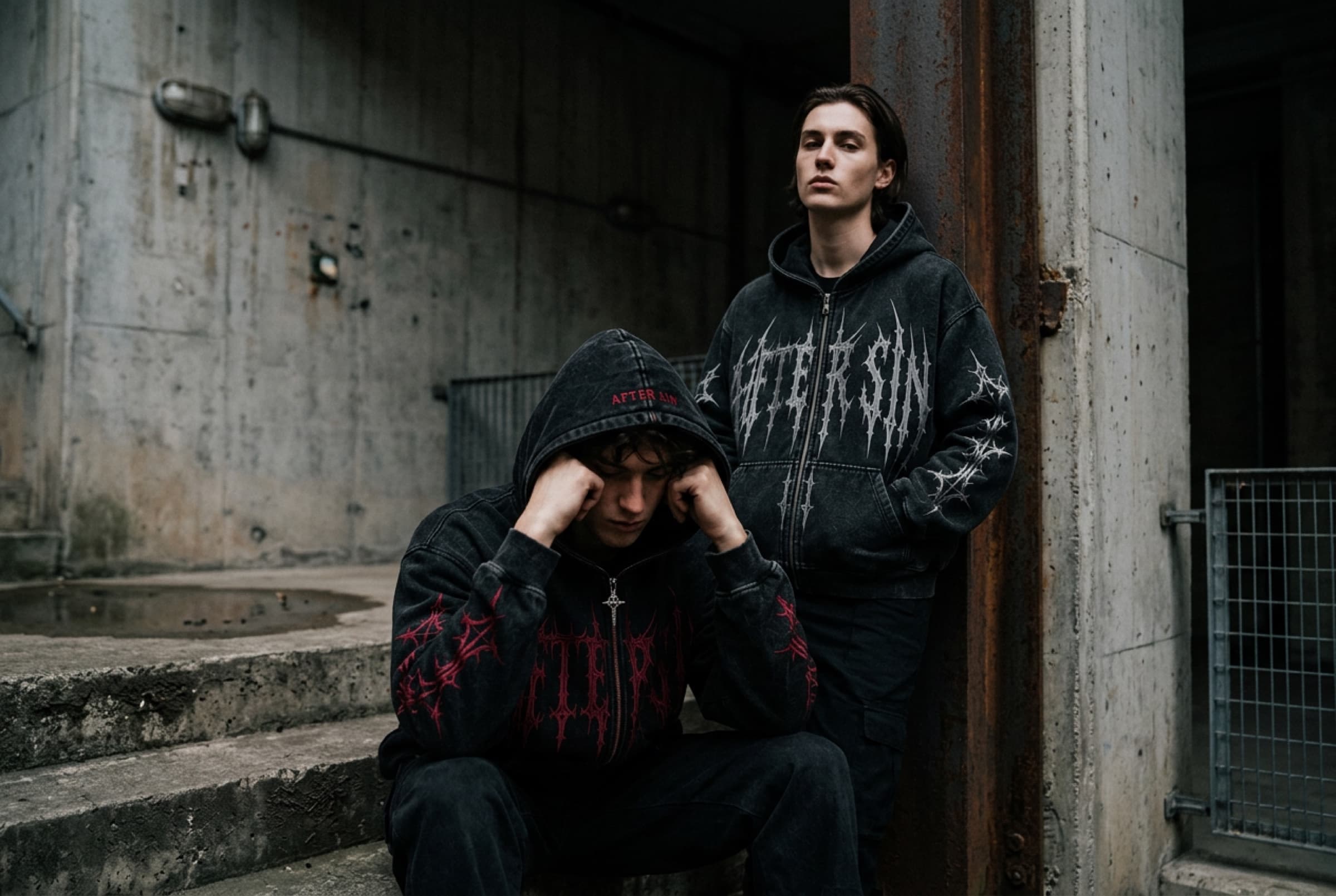 AFTER SIN Drop 001 campaign, Ash and Oxblood full-zip hoodies