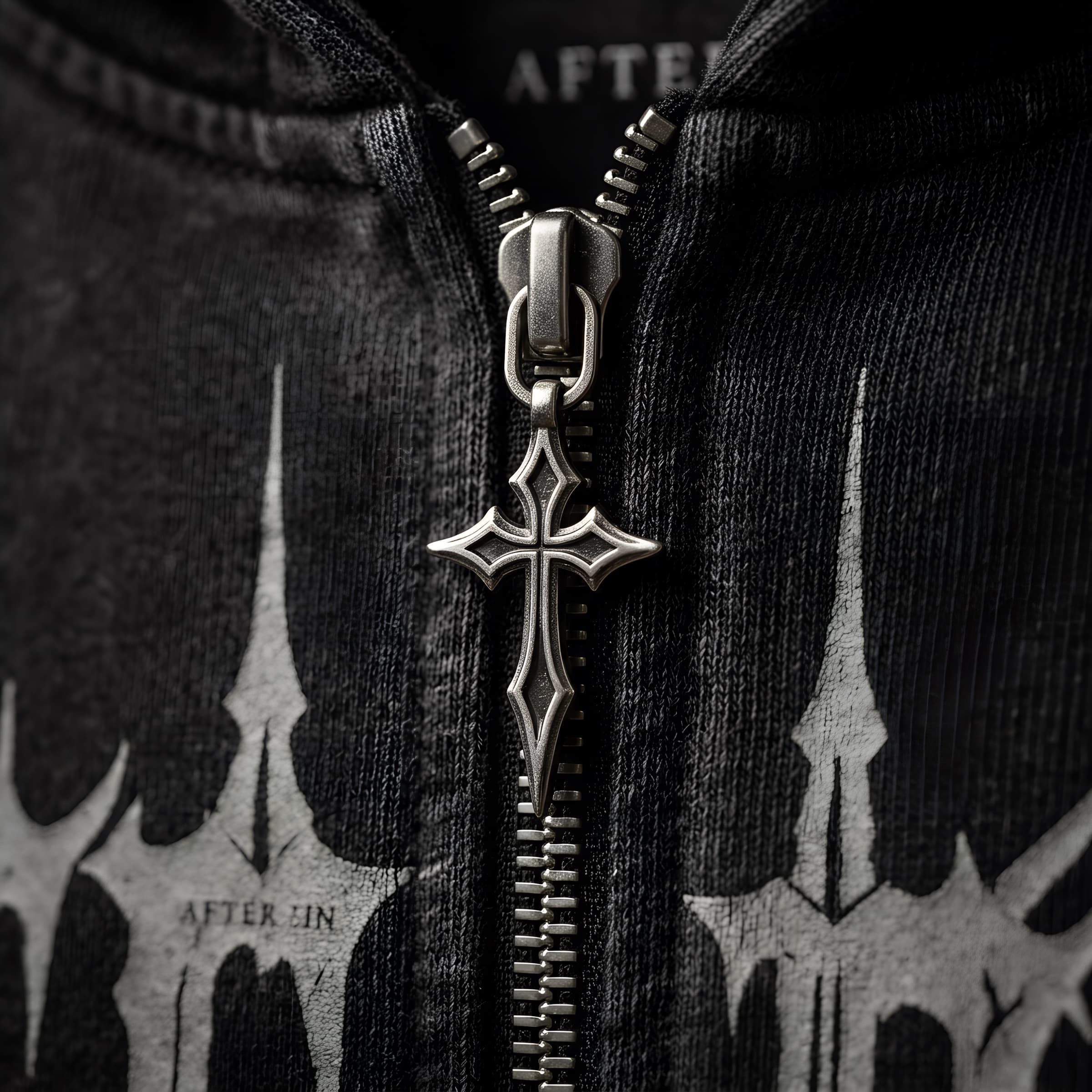 AFTER SIN Drop 001 full-zip hoodie, Ash colorway, zipper and hardware detail