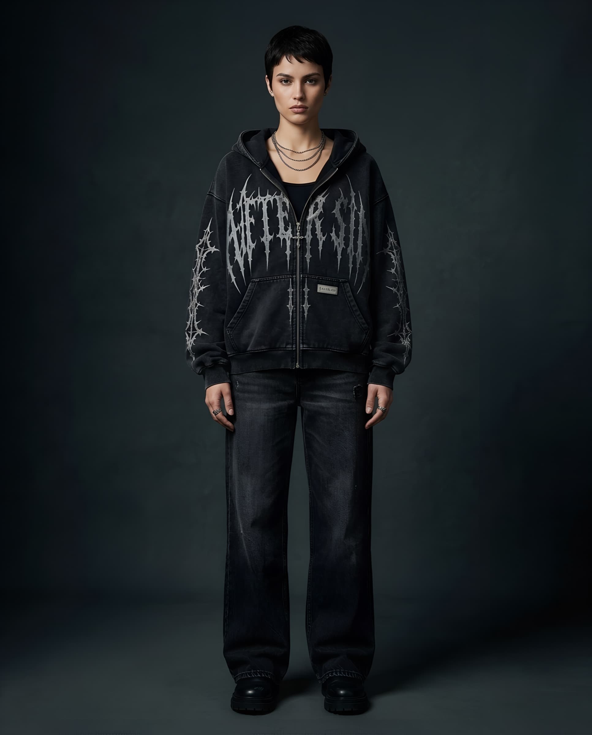 AFTER SIN Drop 001 full-zip hoodie, Ash colorway, front