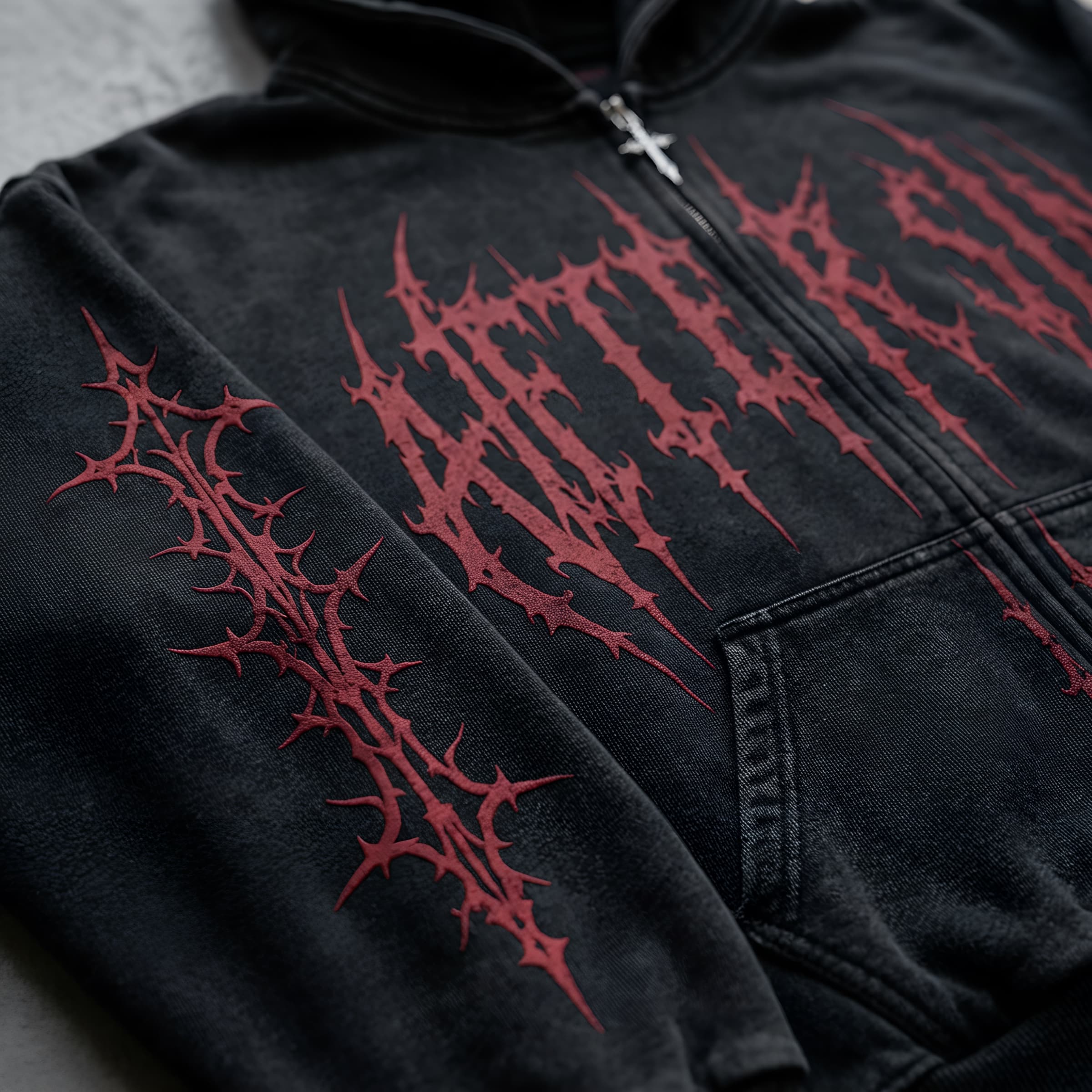 AFTER SIN Drop 001 full-zip hoodie, Oxblood colorway, thorn print detail