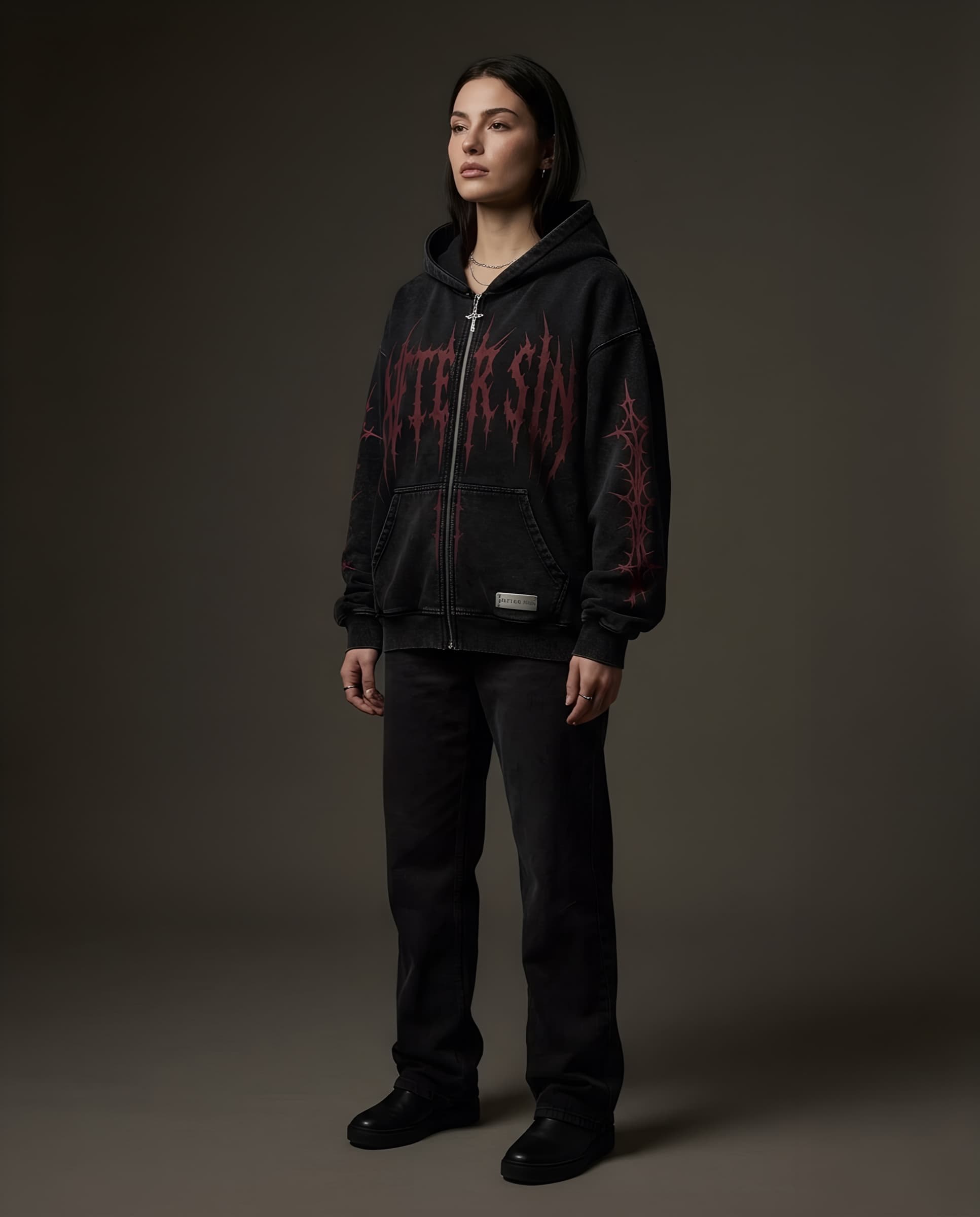 AFTER SIN Drop 001 full-zip hoodie, Oxblood colorway, front