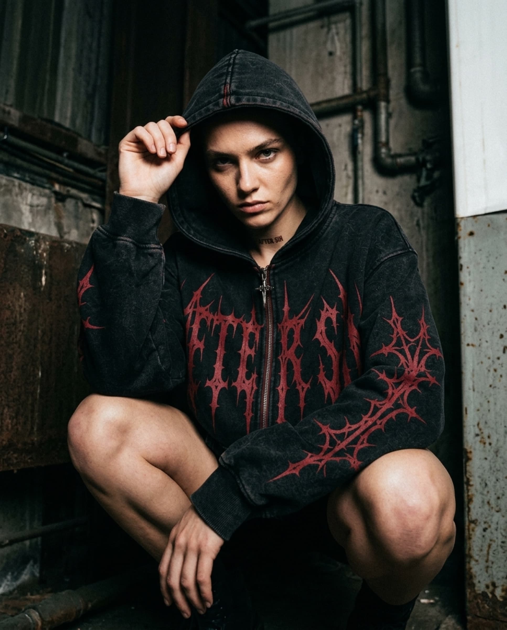 AFTER SIN Drop 001 full-zip hoodie, Oxblood colorway, lookbook