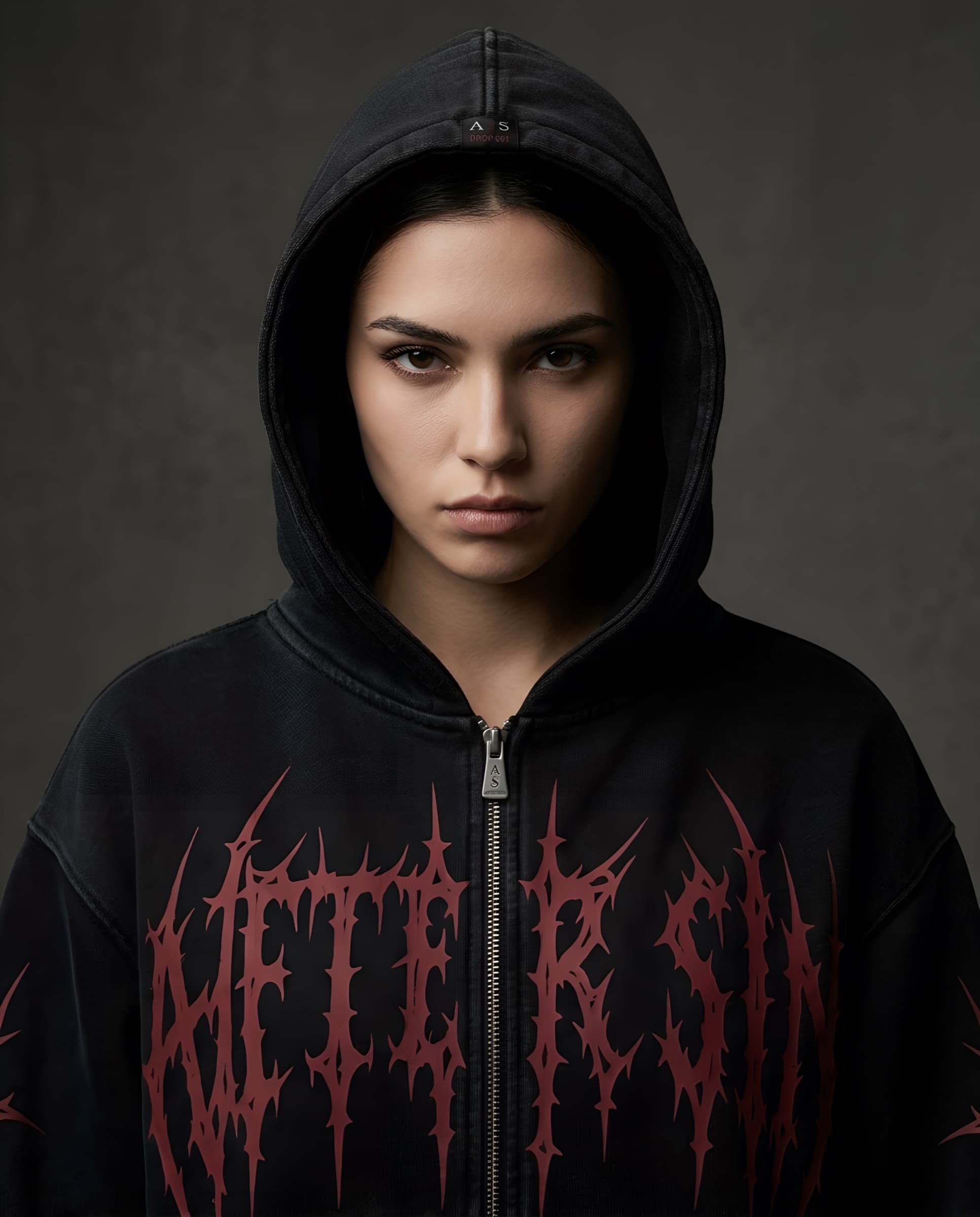 AFTER SIN Drop 001 full-zip hoodie, Oxblood colorway, hood portrait